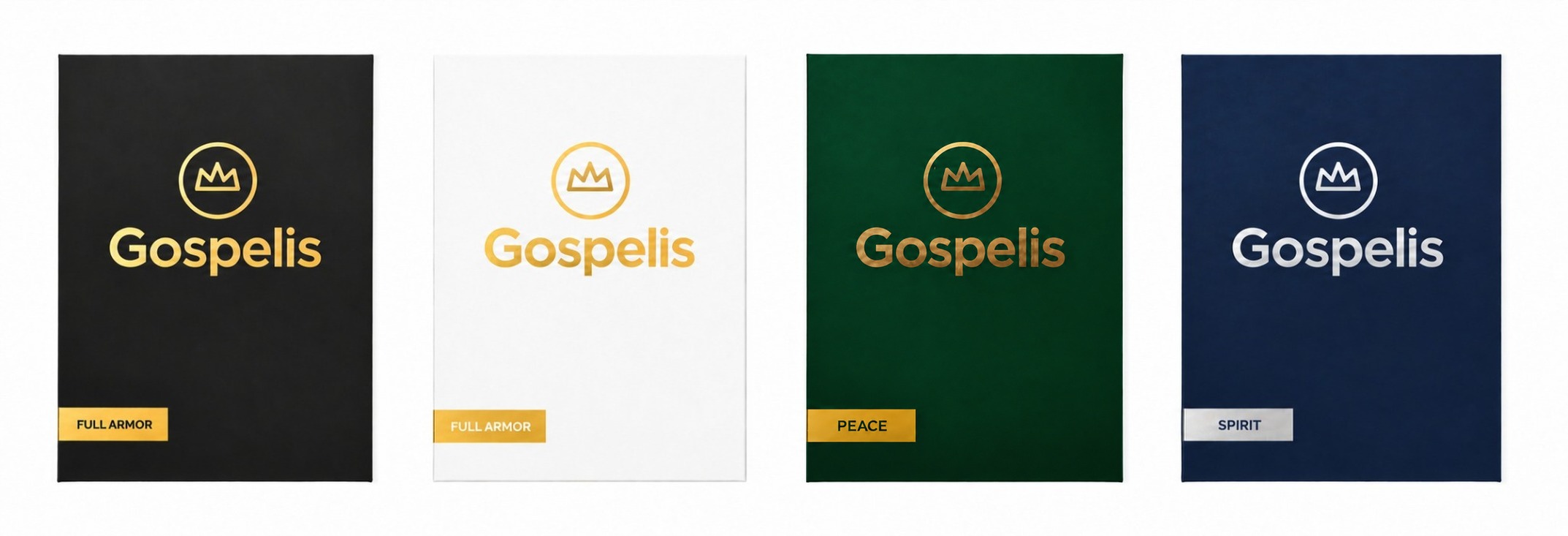 All four Gospelis gift boxes side by side — Armor of God in black and white, Peace in green, and Spirit in navy