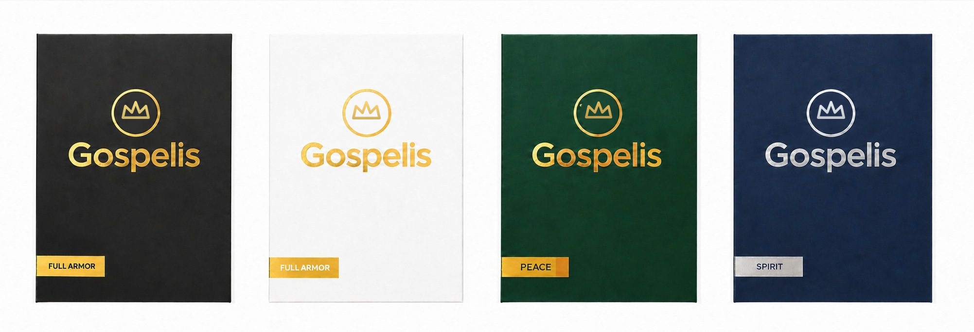 All four Gospelis gift boxes side by side — Armor of God in black and white, Peace in green, and Spirit in navy