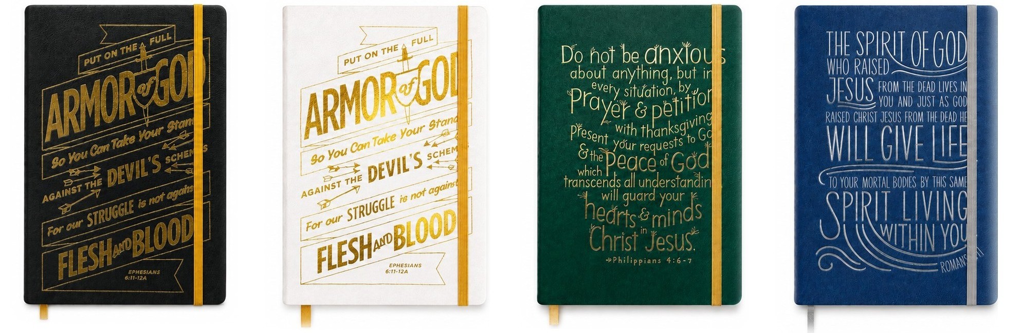 All four Gospelis journals side by side — Armor of God in black and white, Peace in green with Philippians 4:6-7, and Spirit in navy with Romans 8:11, hand-lettered and foil-stamped