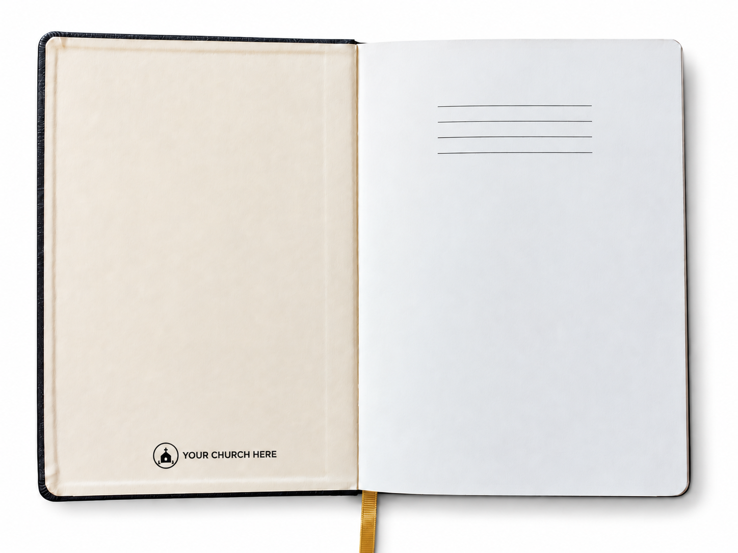 Open Gospelis journal on a clean white background showing the inside-cover logo placement