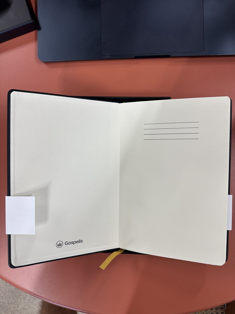 Inside front cover of a Gospelis journal showing the logo and name imprint
