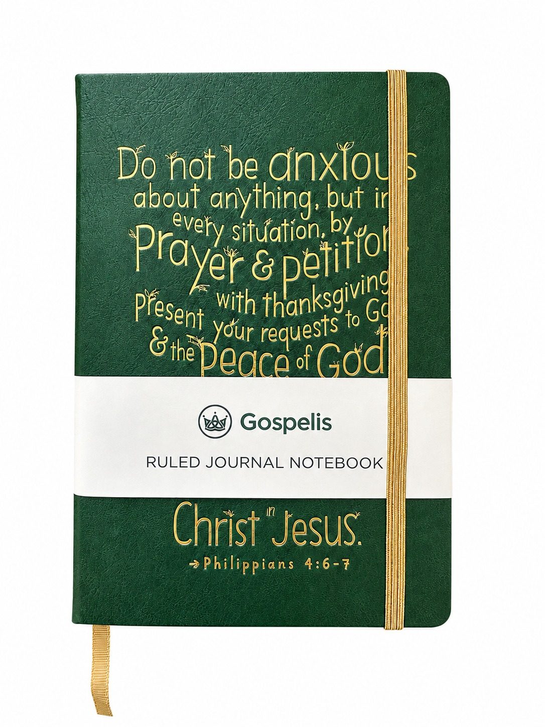 Peace journal, green vegan leather with gold foil hand-lettering, real photo — a Christian scripture journal for women