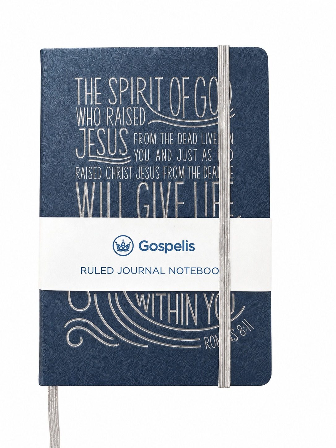 Spirit journal, blue vegan leather with silver foil hand-lettering, real photo — a Christian scripture journal for women